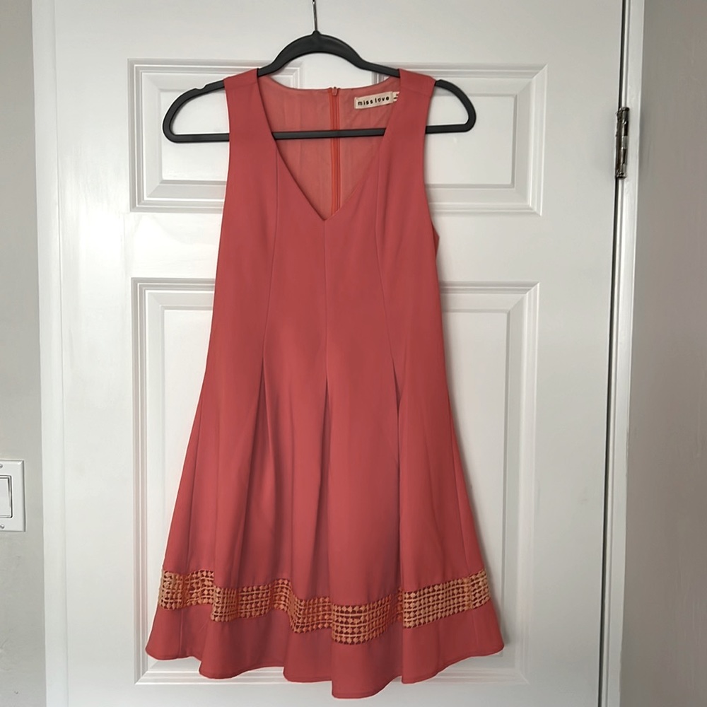 Coral V-neck Fit and Flare Dress with Lace Detail